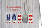 Granddaughter on Veterans Day-military dog tags with flag font on wood card