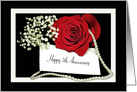 5th Anniversary red rose with a string of pearls on black card