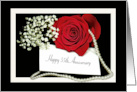 55th Anniversary red rose with a string of pearls on black card