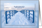 Footprints in snow on Lake Michigan pier with inspirational quote card