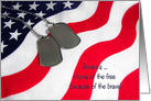 Veterans Day military dog tags on American flag with patriotic quote card