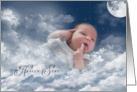 Baby Girl Announcement, baby girl in clouds with moon and stars card