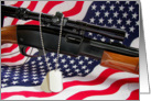 Veterans Day-military dog tags and rifle on American flag card