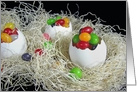 Easter jelly beans in white eggs and straw nest card