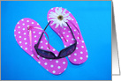 Happy Summer, sunglasses and daisy on polka dot flip-flops card