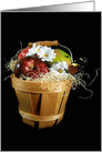 butterfly on apple basket with white daisy on black card