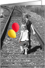 Friendship little girls on railroad tracks with balloons card