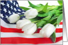 White Tulip Bouquet on American Flag for Memorial Day card