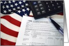 Tax Day 1040 Income Tax Form On American Flag With Calulator card