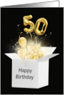 50th Birthday Gold Balloons and Stars Exploding Out of a White Box card