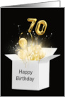 70th Birthday Gold Balloons and Stars Exploding Out of a White Box card