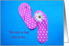 Polka dot flip-flops with white daisy floating in a pool card