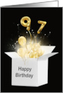 97th Birthday Gold Balloons and Stars Exploding Out of a White Box card