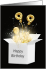 99th Birthday Gold Balloons and Stars Exploding Out of a White Box card