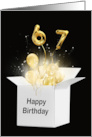 67th Birthday Gold Balloons and Stars Exploding Out of a White Box card