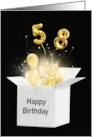 58th Birthday Gold Balloons and Stars Exploding Out of a White Box card
