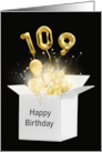 109th Birthday Gold Balloons and Stars Exploding Out of a White Box card