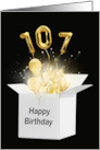 107th Birthday Gold Balloons and Stars Exploding Out of a White Box card