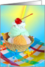 Sherbet sundae in waffle cone bowl with toy jacks card