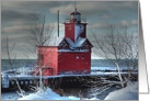 Michigan red lighthouse in winter card