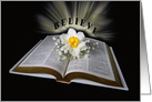 spiritual inspiration, open white Bible with daffodil and light rays card