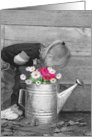girl sniffing flowers in watering can card