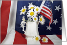 4th of July white daisy bouquet in pitcher on American flag card