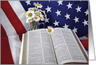 4th of July Holy Bible on American flag with daisy bouquet card