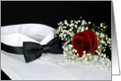 Formal Party invitation-red rose on tuxedo shirt with black bow tie card