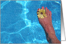 barefoot with flower in pool with rain effect card