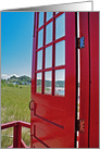 New Job, bright red door opened with beach view card