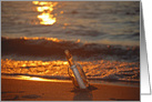 Hello message in a bottle on the beach at sunset card