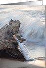 Miss You, message in a bottle on driftwood with ocean surf card