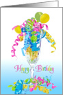 Birthday ribbons and balloons in crystal flute glass card
