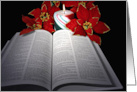 Christmas Poinsettias on Bible with Candle card