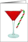 Christmas drink in red martini glass with candy cane card