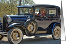 Anniversary for spouse-happy senior couple in vintage car card