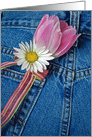 Friend’s Birthday, pink tulip and white daisy in blue jean pocket card