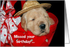 Belated birthday-golden retriever puppy with hat in red basket card