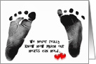 New Baby congratulations, baby footprints on white with red hearts card