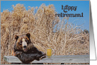 Retirement, bear with mug of beer on wood table card