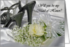 Maid Of Honor request-silver sandals and rose bouquet on satin card