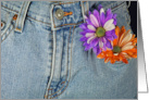 Colorful Daisies In Front Pocket of Blue Jeans For Friend’s Birthday card