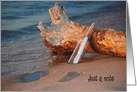 Blank card, message in a bottle with driftwood on the beach card