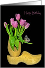 Birthday tulip bouquet with butterfly in Dutch wooden shoes card