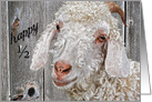 Half Birthday, cute billy goat by old barn card