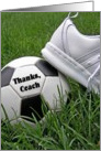 Thank You to soccer coach-soccer ball with shoe in grass card