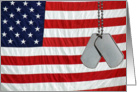 Veterans Day-military dog tags on American flag. card