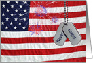 4th of July, military dog tags on flag with fireworks card