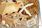 For a friend wooden treasure chest with seashells and pearls in sand card